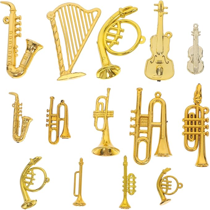 VICASKY 14pcs Mini Musical Instruments Charms Set Christmas Tree Ornaments with Tiny Guitar Trumpet Saxophone Elements Pendants for Dollhouse Accessories Holiday Decorations