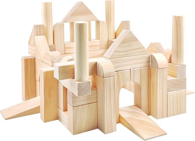 Onshine Large Wooden Blocks for Toddlers 1-3, 64 Pieces Big Wood Building Blocks Set with Wooden Storage Box, Large Toddler Blocks Building and Stacking Toys Construction Set