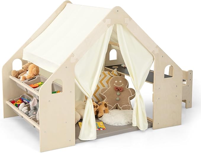 Costzon Large Kids Tent, 6-in-1 Wooden Frame Play House with Table and Chair Set, Blackboard, 6 Storage Bins & Soft Floor Mat, Indoor Playhouse for Boys Girls Aged 2-6 Years Old