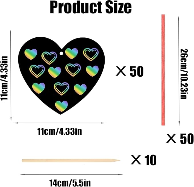 Naturahand 50 Rainbow Scratch Paper with 10 Wooden Scratch Sticks and 50 Red String, Heart Shaped Scratch Off Cards for Valentine DIY Decorations and Art Party Favors(H-1)