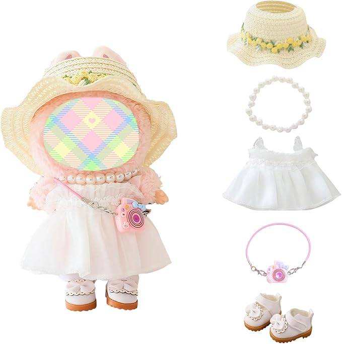 Clothes for Dolls Accessories, Outfit Set 5 Pieces Gauze Dress for 15cm 17cm Doll (No Doll), Romantic Hat Skirt Shoes Doll Clothing Set Replacement White