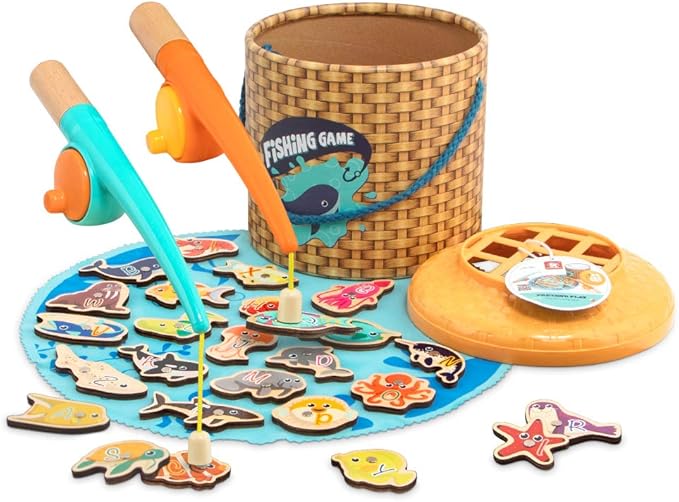 TOP BRIGHT Montessori Toddler Fishing Game - Kids Wooden Magnetic Fishing Toys Gifts for 3 Years Old Girls Boys, Fine Motor Skills for Toddler