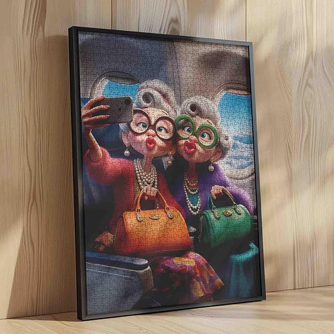 Fashionable Senior Ladies On Airplane Jigsaw Puzzle for Adults Students Funny Cartoon Style 1000 Pieces 20×27 Inches Colorful Travel Humor Puzzle Gift Idea for Relaxing and Creative Time Wall Decor