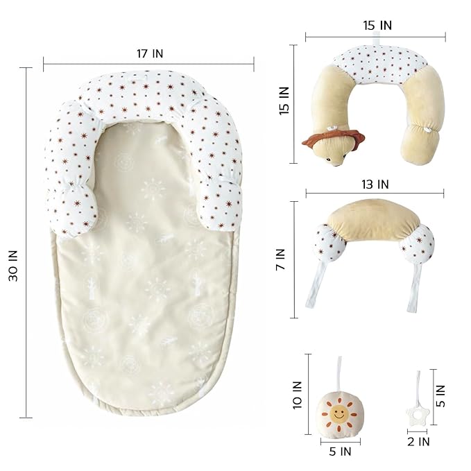 2-in-1 Tummy Time Mat and Seated Support with Sensory Toys – for Newborns and Babies – Includes Detachable Cushion for Supervised Play & Head/Neck Development (Sand)