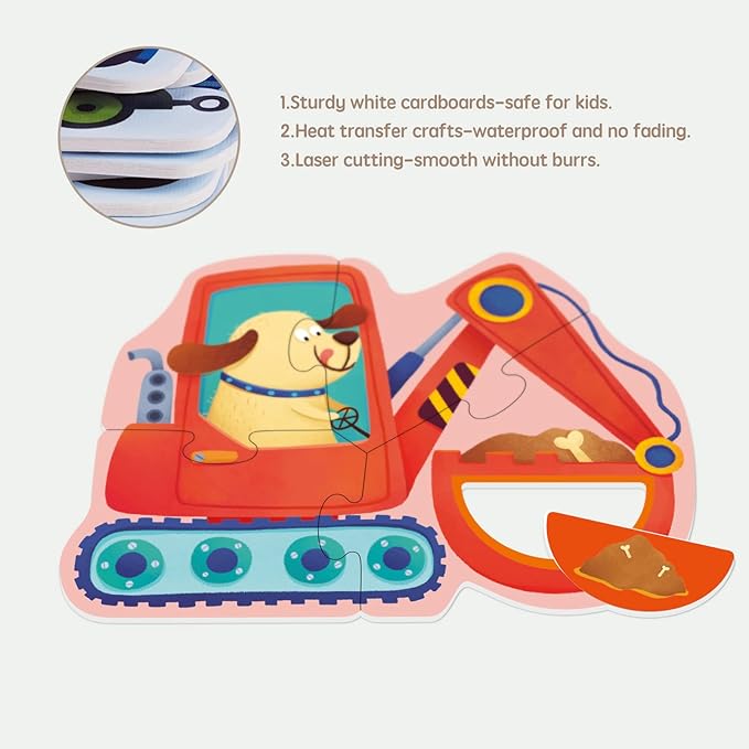 Toi 6 Packs Large Piece Toddler Jigsaw Puzzles for Kids Aged 2.5+, Animal Shaped Floor Puzzles for Beginner, Preschool Learning Game for Boys Girls, Shape Vehicle