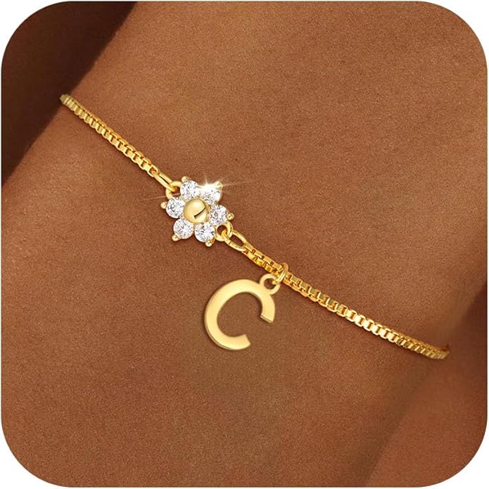 C-leen Gold Initial Bracelets for Women Girls - 18K Gold Plated Flower CZ Initial Bracelet Teen Girl Gifts Trendy Stuff Dainty Gold Bracelets for Women Girls Trendy Jewelry Gifts
