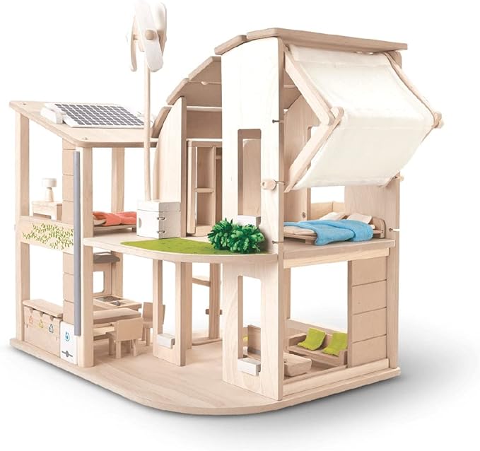 PlanToys Green Wooden Dollhouse with Furniture - Chemical-Free Green Toy Featuring 18 Wooden Furtniture Set