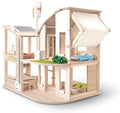 PlanToys Green Wooden Dollhouse with Furniture - Chemical-Free Green Toy Featuring 18 Wooden Furtniture Set