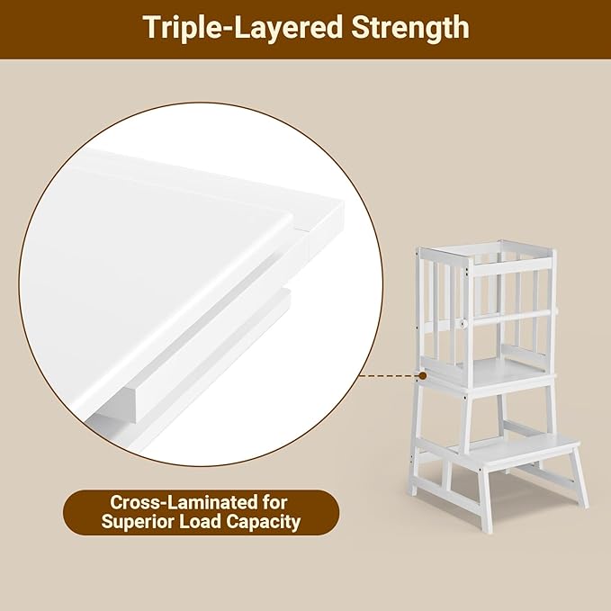 COSYLAND Kitchen Step Stool for Toddlers – Stable A-Frame Design Kids Standing Tower with Protective Crossbar – Wooden Learning Stool for Kitchen Island Counter, Bathroom (White)