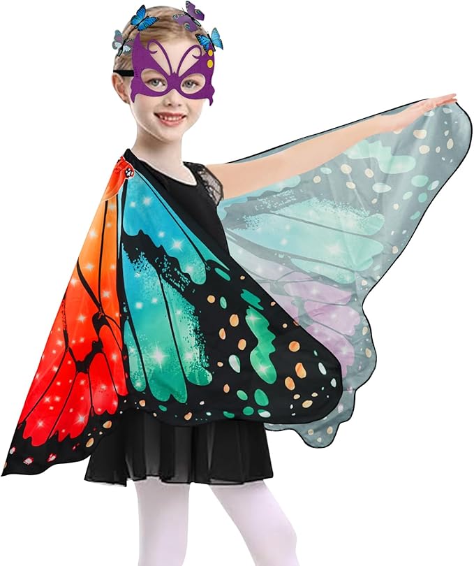 Butterfly Costume for Girls Fairy Wings Kids 4 Pcs(Cape,Skirts,Masks,Hair Clips) Butterfly Wings for Halloween Gifts