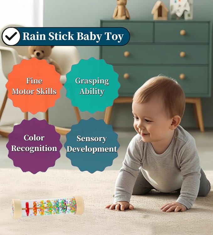 Wooden Rain Stick Montessori Toys for Babies 6-12 Months, Rain Sticks for Kids, Baby Rattle Sensory Developmental Musical Toy with Calming Rain Sounds, Toddler Educational Gift for 1 Year Old - 7.7"