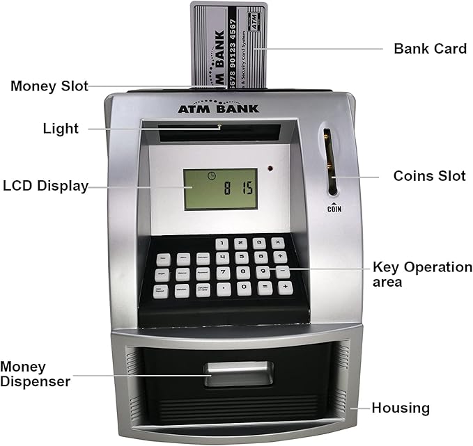 ATM Piggy Bank for Kids, Electronic Money Bank with Coin Counter, Goal Tracker, Password & Card, Auto Bill Intake with Voice Prompts – Compact Savings Gift for Boys & Girls Ages 6–12 (Black)