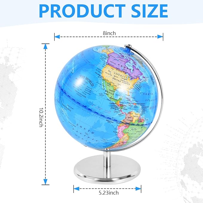 8 Inch World Globe Rotating Earth Spinning Globe with Heavy Metal Stand for Kids Geography Classroom Education or Office Home Decorations