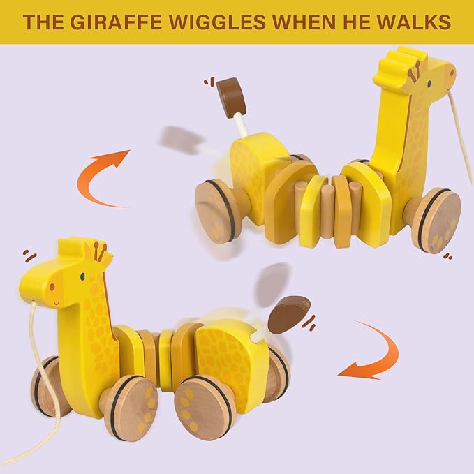 Baby Toys Car,Wooden Pull Along Toddler Toy, Developmental Toy for 1 Year Old Girl Boy Birthday Gift (Giraffe)