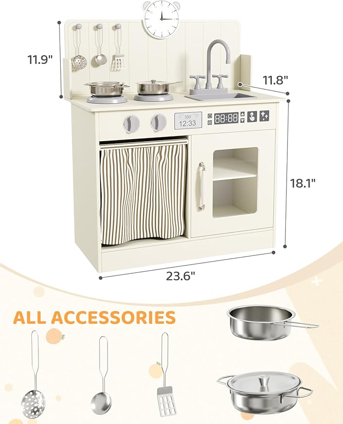 MAMIZO Kids Kitchen Playset with Ample Storage, Interactive Play Kitchen with Simulated Gas Cooker, Clicking Knobs, Sink, Faucet, 6 Pcs Cookware, Educational Clock for Toddlers (Cream)