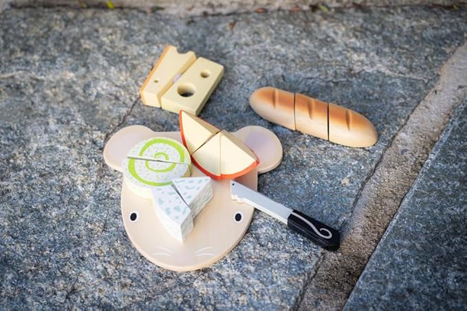 Tender Leaf Toys - Cheese Chopping Board - Wooden Play Food Set with 4 Choppable Cheeses, Baguette, Wood Knife and Illustrated Board - Improves Fine Motor Skills - Develops Social Skills - Age 2+