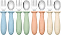DRKIO 8 Pieces Toddler Utensils Set - Kids Silverware Set with Silicone Handle Children Safe 18/8 Stainless Steel Forks and Spoons Anti-Choke Design Food Grade Dishwasher Safe