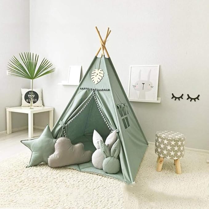 Kids Teepee Tent with White Pom Pom - Indoor Play Teepee for Children Boys Portable Play House (Green)