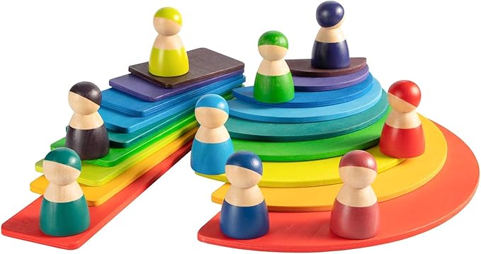 Rainbow Peg Dolls for Toddlers, 12 PCS Wooden Peg People Toys, Wooden People Pretend Play with Rainbow Stacking Toy, Preschool Wood Rainbow Friend Educational Toys