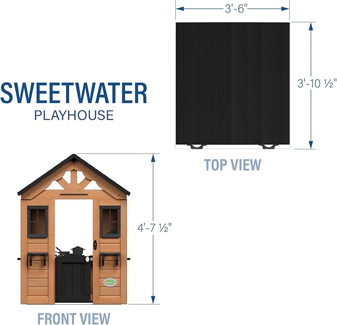 Backyard Discovery Sweetwater Cedar Wooden Kids Playhouse Cottage with Play Kitchen, Snack Bar, Half Door, Toy Phone, Windows, Flowerpot Holders, and Working Doorbell for Outdoor Imaginative Play