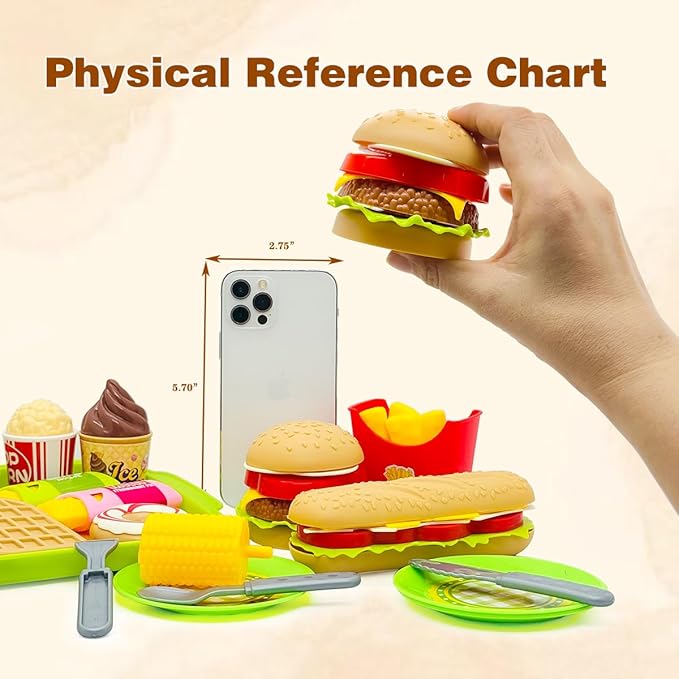26PCS Pretend Play Kitchen Food Set - Dessert Toys with Hamburger, Hot Dog, Fries, Drink & Tray Detachable Play House Kitchen Accessories Role Play Toys Gift for Toddlers Boys Girls 3 4 5+ Years Old