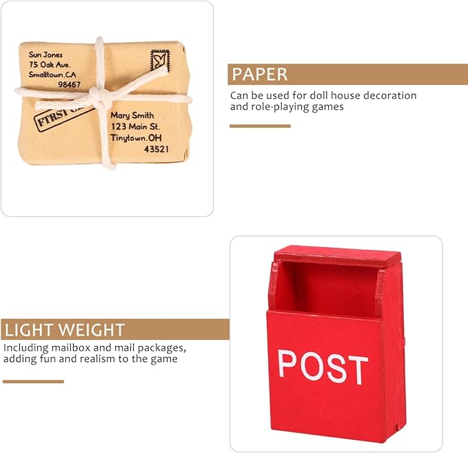 VOSAREA 1set Mailbox Figurine for Dollhouse Scale Wooden Mailbox Model with Miniature Mail Sack Postcard Ornaments for Home Decor Accessory Display