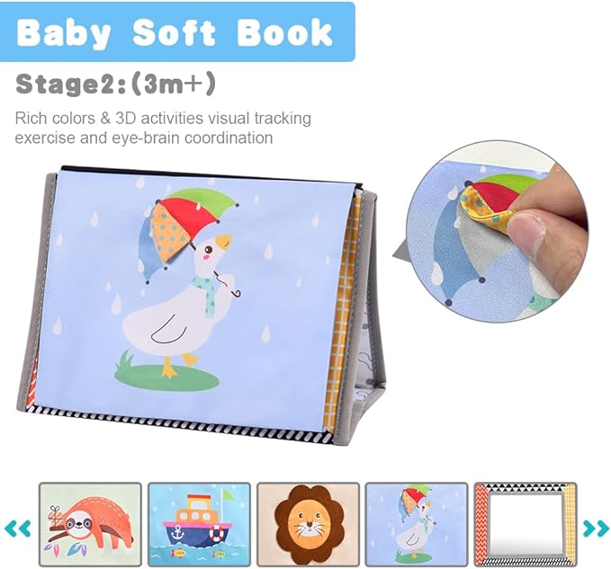Tummy Time Mirror Baby Toys, High Contrast Crinkle Cloth Book with Teether for 0 3 6 Months Babies Boys Girls, Montessori Newborn Sensory Toys Activity Book for Shower Gifts