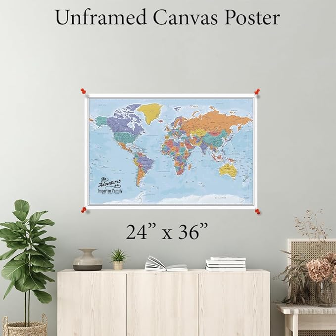Personalized Canvas Rolled Poster World Map Wall Art with Pins – Large 24" x 36" Blue Oceans Map of the World – Push Pin Travel Decor for Home or Office