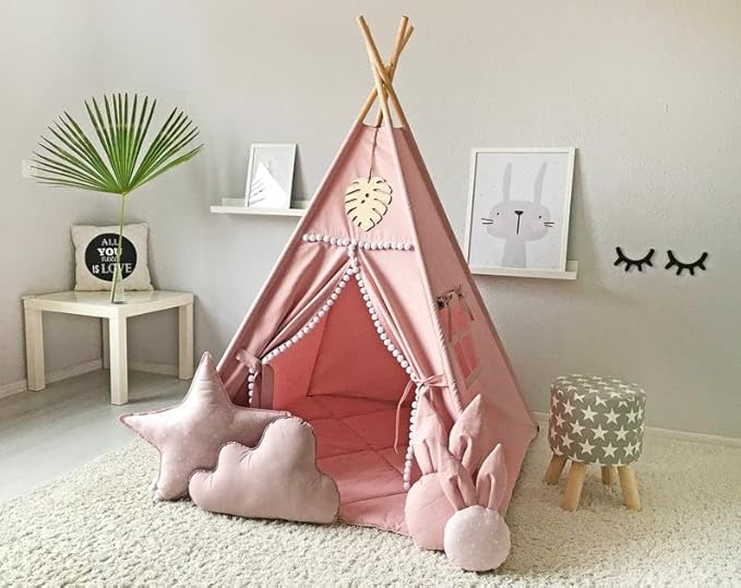 Kids Teepee Tent with White Pom Pom - Indoor Play Teepee for Children Boys Portable Play House (Pink)