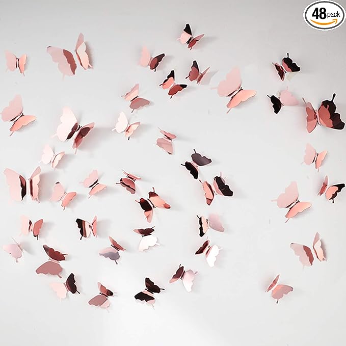 48 Piece DIY Mirror 3D Butterfly Stickers - Removable Decals for Home, Bedroom, Bathroom, Living Room (Rose Gold)