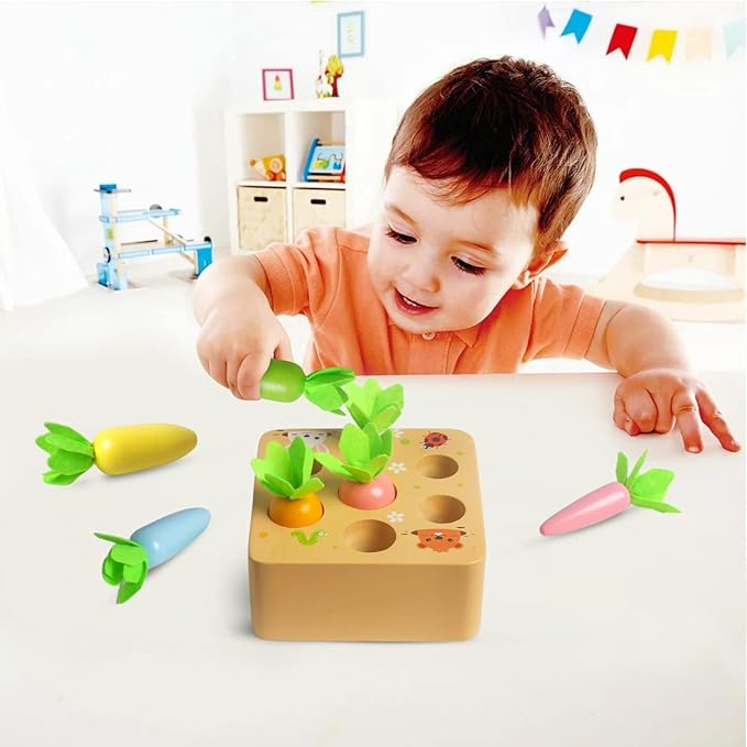 Skrtuan Wooden Toys for 3 Year Old Toddlers Baby Boys and Girls, Montessori Toy Carrot Harvest Game Shape & Sorting Matching Puzzle, Educational Developmental Birthday Gifts for Babies
