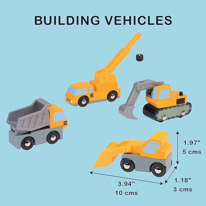 Mentari Toys - Building Vehicles - 4pc Wooden Construction Vehicles with Interactive, Moving Parts - Toy Truck Set for Action-Packed Imaginative Play - Develop Motor Skills and Coordination - Age 3+