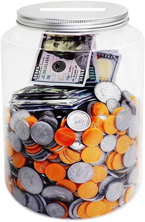 Large Clear Coin Bank Jar with Slotted Lid, 1 Gallon Plastic Money Tip Change Savings Coin Jar for Coin or Raffle Ticket, Big Clear Money Coin Tip Piggy Change Bank Box for Adults Teens