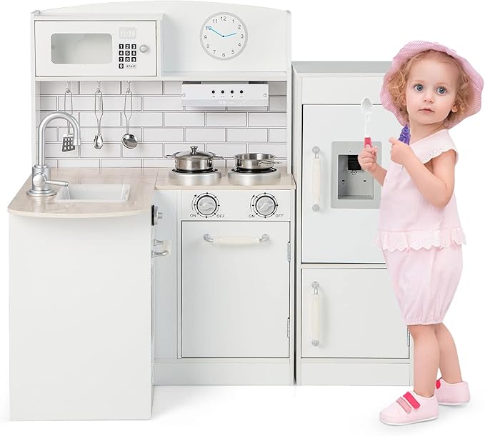 HONEY JOY Corner Kids Kitchen Playset, Little Chef Wooden Play Kitchen for Toddlers, Water Dispenser, Microwave, Range Hood, Refrigerator, Cookware, Modular Pretend Toy Kitchen Set w/Lights & Sounds