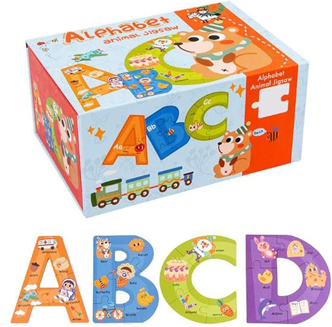 Wooden Jumbo Alphabet ABC Letter Toddler Puzzles Color Shape Animals Recognition Montessori STEM Jigsaw Preschool Learning Educational Toy for Kids 3 4 5 Years Old Boys Girls