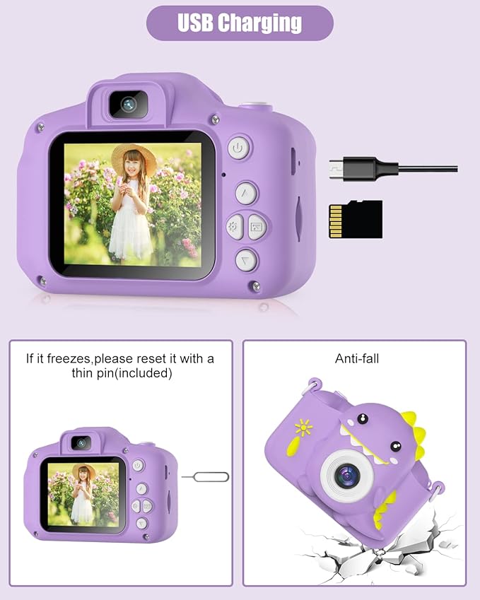 Hangrui Dinosaur Kids Camera Toys, Birthday Graduation Gifts for Girls Boys 3-12, 1080P HD Selfie Digital Video Camera for Toddlers,Travel Gifts Dino Toys for 4 5 6 7 8 9 Years Old(Purple)