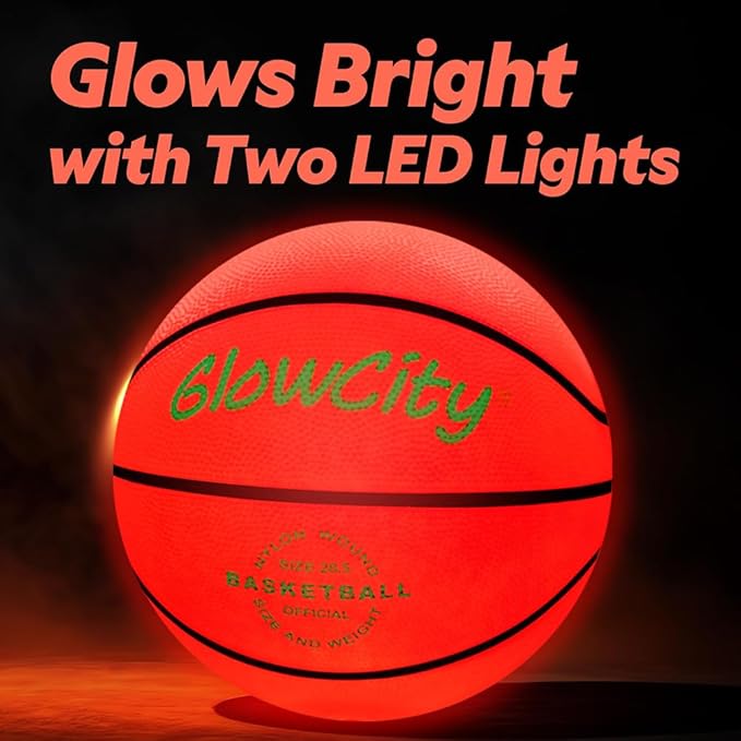 GlowCity Glow in The Dark Basketball for Teen Boy - Glowing Red Basket Ball, Light Up LED Toy for Night Ball Games - Sports Stuff & Gadgets for Kids Age 8 Years Old and Up. Great Gift for Boys & Girls