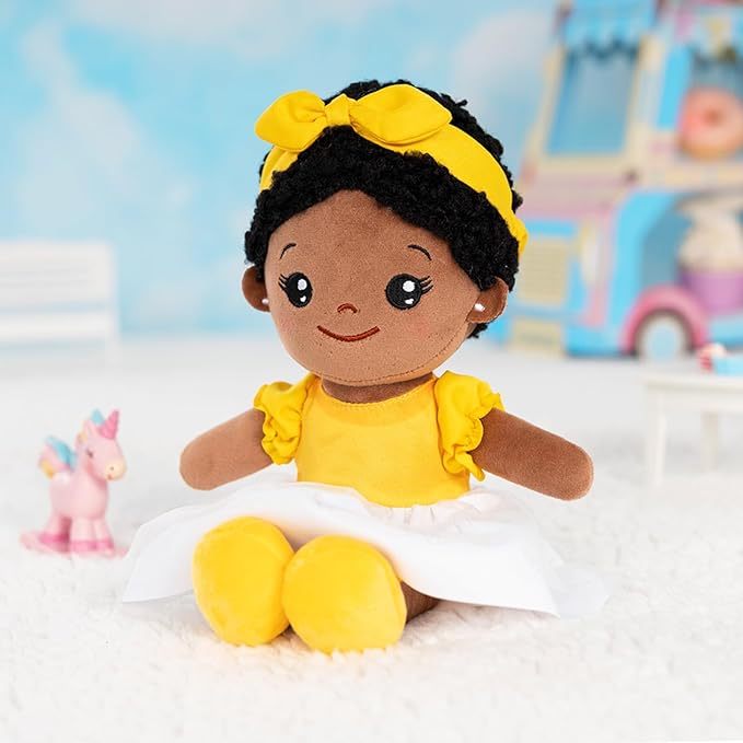 OUOZZZ 12" Soft Black Baby Doll Toys for 1 + Year Old Girl Gifts, African American Baby Dolls Birthday Gifts for 1 Year Old Girl Christmas Plush Toys Gift for Toddler Kids Yellow Bow-tie