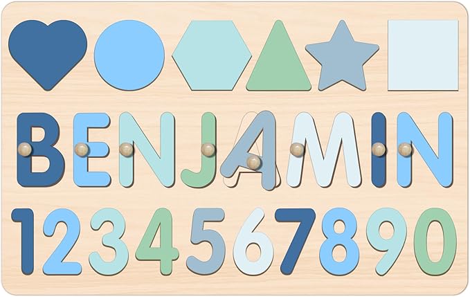 Personalized Name Puzzle with Numbers and Shapes, Custom Wooden Puzzles for Toddlers 1-3, Montessori Toys for 1st Birthday Girls & Boys, Personalized Baby Easter Gifts