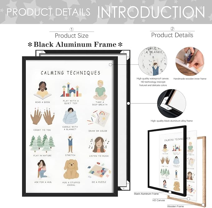 Feelings Calming Techniques Canvas Wall Art Calming Corner Classroom Mental health Posters Boho Emotions Chart for Kids Prints Special Education Wall Decor for Office School 20x30in BlackFramed