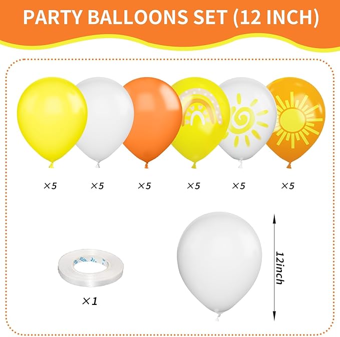 FEYG Sun Balloons, 12 inch Yellow Orange White Latex Balloons Boho Rainbow Sunrise Printed Latex Balloons Half Sun Sunshine Balloons for Sun Party Birthday Baby Shower Decoration Supplies