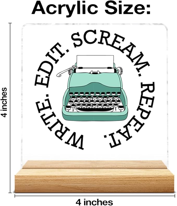 Writer Gifts for Men Women, Funny Gifts for Writers Editors Typewriter Authors Novelist, Acrylic Plaque Sign with Wooden Stand Home Office Decor