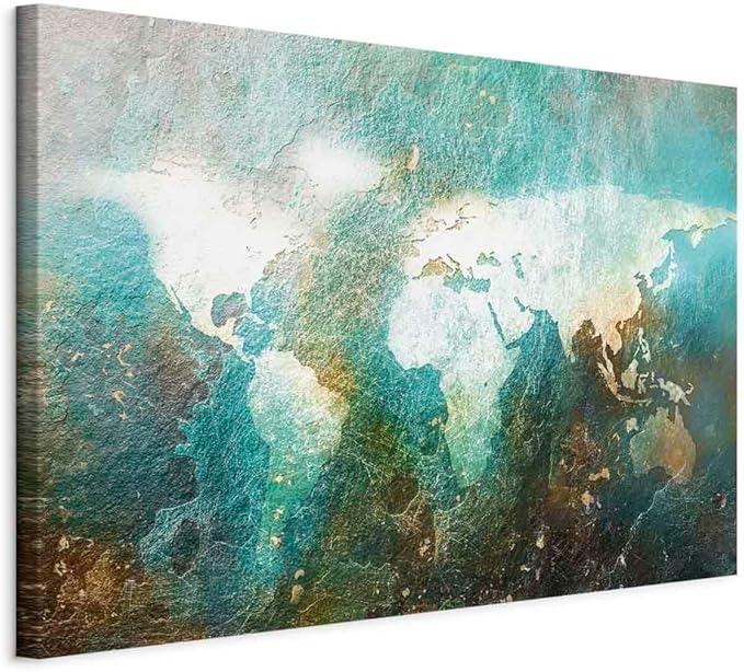 artgeist Canvas Wall Art Print World Map 35x24 in - 1pcs Home Decor Framed Stretched Picture Photo Painting Artwork Image Blue Brown Abstract k-A-0509-b-a