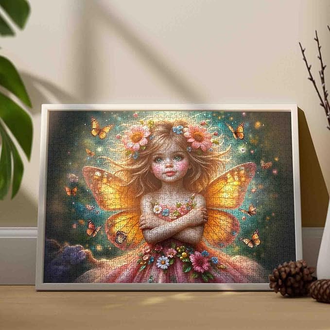 Tucocoo Puzzles for Adults 1000 Piece, Orange Wing Fairy Girl Surrounded by Butterflies, Fantasy Puzzle for Relaxation, Enchanted Dreamy Night Sky Scene Puzzle Challenging Jigsaw Gift Home Decor