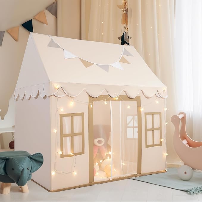 Kids Play Tent with Non-Slip Mat, Star String, Decorating Flag, Machine Washable Large Playhouse, Indoor and Outdoor Play Tent for Kids, Cream, 47" x 40" x 52"