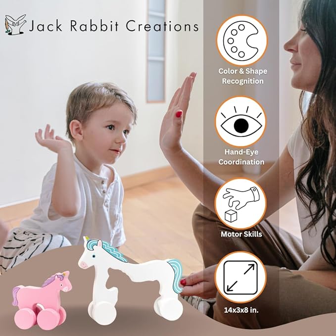 Jack Rabbit Creations Big & Little Unicorn Push Toy 2 in 1 Wooden Roller Animals- Pull STEM Toys for Toddlers Develops Coordination and Fine Motor Skills- Ages 18 Months+