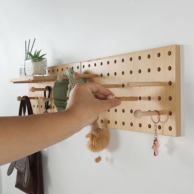 Beige Wood Pegboard Modular Display Wooden Pegboard Combination Wall Organizer Storage Wall Hooks Shelf for Home, Office, Bathroom, Comes with 2 Pieces Pegboards