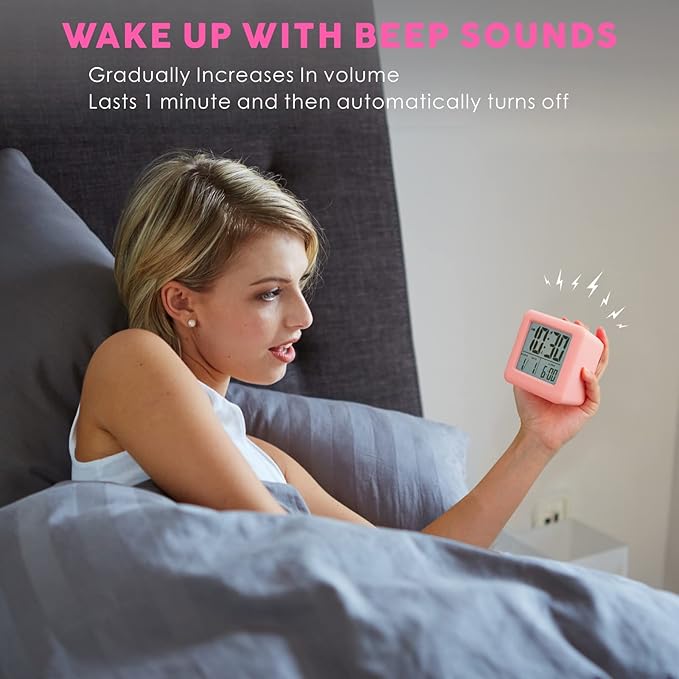 Plumeet Digital Alarm Clock Kids Clock with Snooze and White Nightlight - Easy Setting Travel Alarm Clocks Display Time, Date, Alarm - Ascending Sound - Battery Powered (Baby Pink)