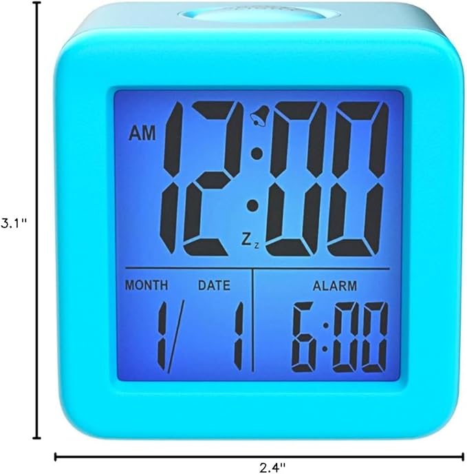 Plumeet Digital Alarm Clock Kids with Snooze and Nightlight - Easy Setting Silicone Clock Display Time, Date - Loud for Bedroom - Battery Powered (Blue)