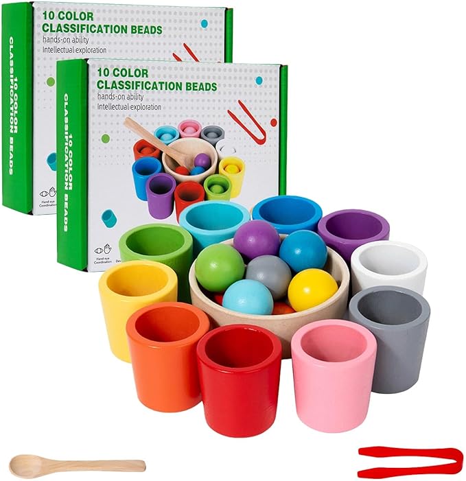 Rainbow Balls in Cups Toddler Toys, Montessori Wooden Color Sorting Toys for Toddlers 1-3, Educational Preschool Learning Game, Fine Motor Skills Montessori Matching Toy for Kids(2pcs)